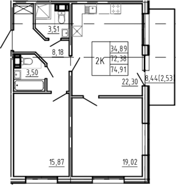2-комнатная квартира 74.91 м², 2/5 эт., Комплекс апартаментов «Bereg. Курортный»